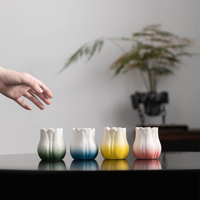 Handmade Ceramic Flower Candle Holder Tulip Design Decorative Cup