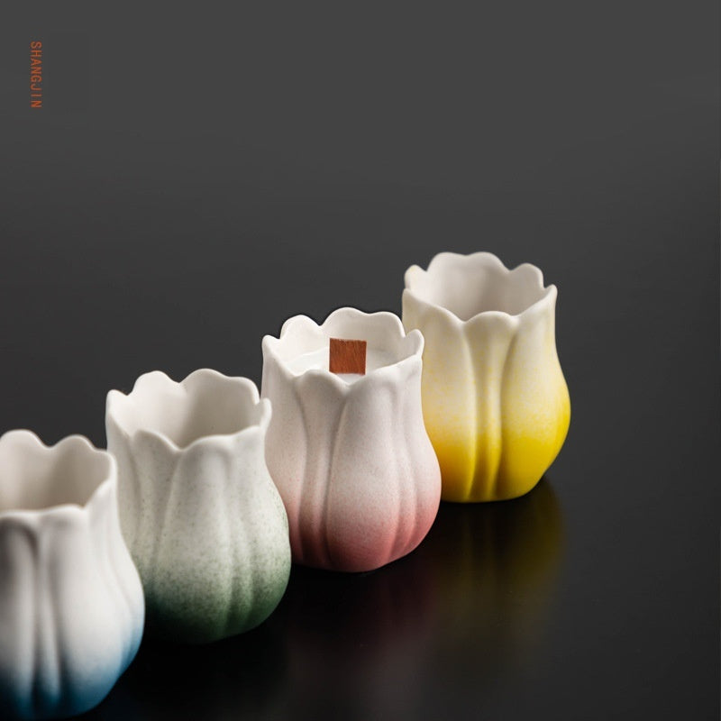 Handmade Ceramic Flower Candle Holder Tulip Design Decorative Cup