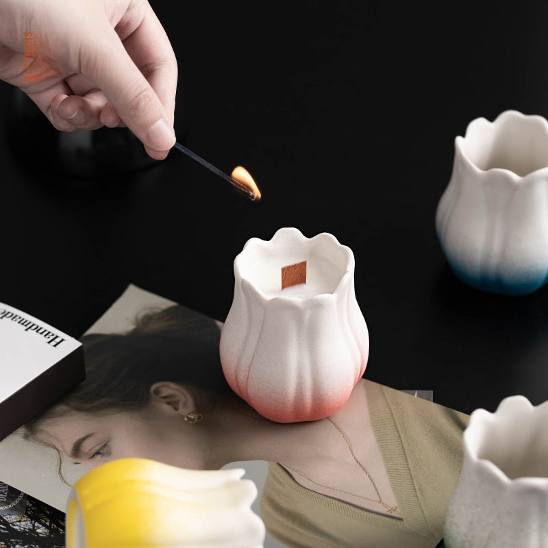Handmade Ceramic Flower Candle Holder Tulip Design Decorative Cup