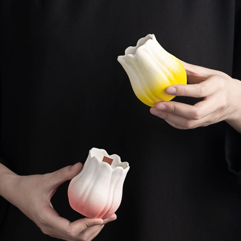 Handmade Ceramic Flower Candle Holder Tulip Design Decorative Cup
